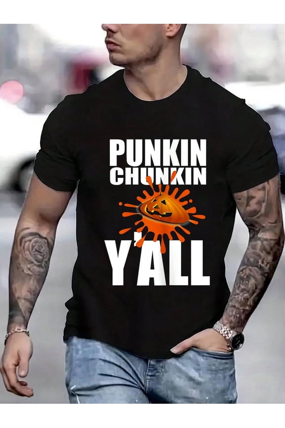 100 Cotton Graphic Tees Punkin Chunkin Pumpkin Chucking Funny Fall T-Shirt T-Shirt Crew Neck Short Sleeve T-Shirt, Casual Print Graphic Cotton Tees Men Tops