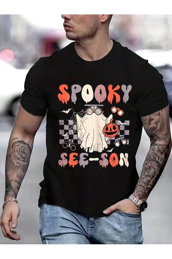 100 Cotton Graphic Tees Retro Spooky See-Son Optometrist Optometry Ghost Halloween T-Shirt Crew Neck Short Sleeve T-Shirt, Casual Print Graphic Cotton Tees Men Tops