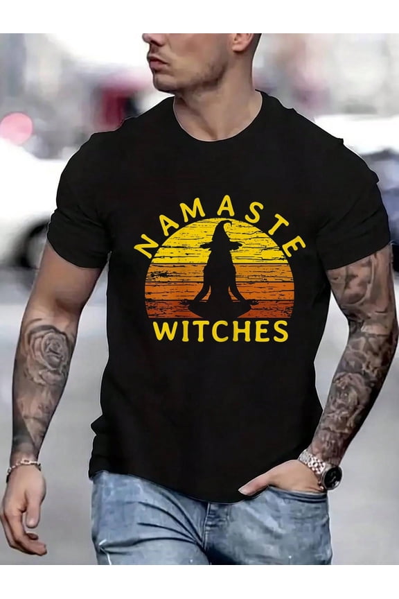 100 Cotton Graphic Tees Retro Vintage Namaste Witches Halloween Men Women Men Gift T-Shirt Crew Neck Short Sleeve T-Shirt, Casual Print Graphic Cotton Tees Men Tops