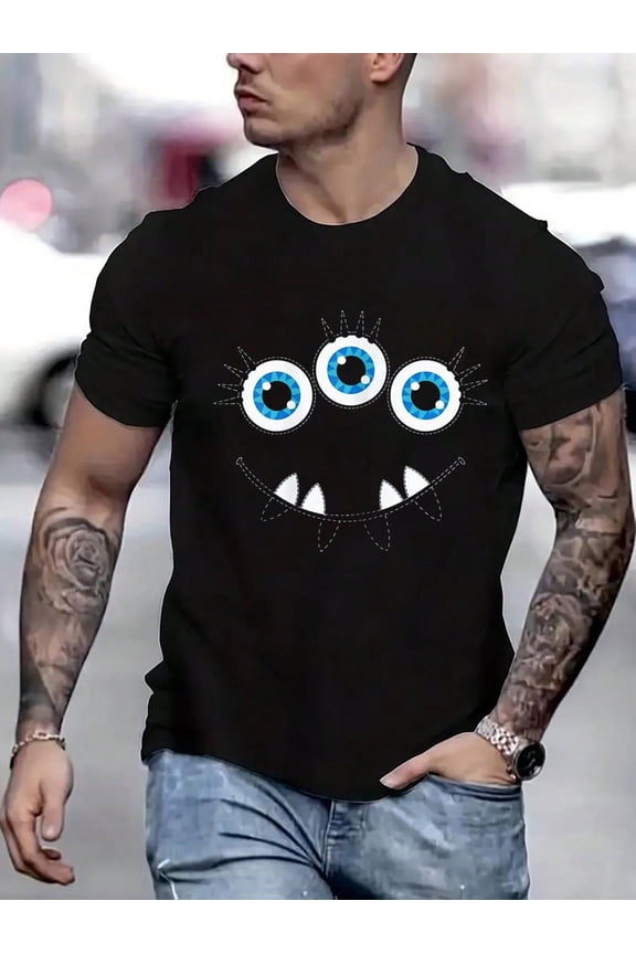 100 Cotton Graphic Tees Three Eyed Face Cute Spooky Halloween Eyeballs T-Shirt Crew Neck Short Sleeve T-Shirt, Casual Print Graphic Cotton Tees Men Tops