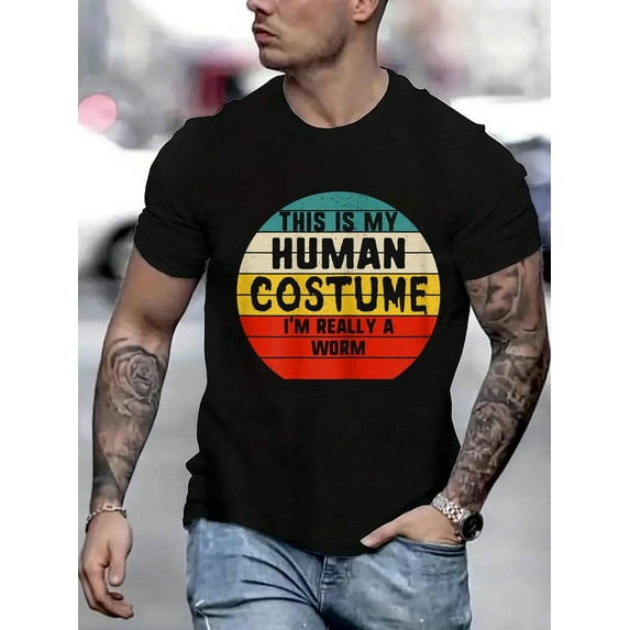 100 Cotton Graphic Tees Vintage This Is My Human Costume I'Really Worm Halloween T-Shirt Crew Neck Short Sleeve T-Shirt, Casual Print Graphic Cotton Tees Men Tops
