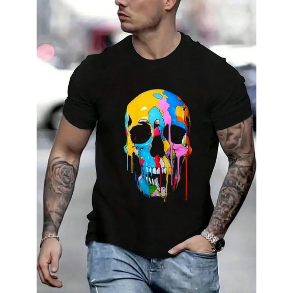100 Cotton Graphic Tees Vivid Melting Colors Skull Artistic Expression Top T-Shirt Crew Neck Short Sleeve T-Shirt, Casual Print Graphic Cotton Tees Men Tops