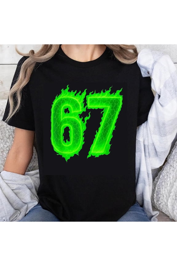 100% Cotton Green Flame Number 67 Design Unisex Casual Graphic Tee T-Shirt