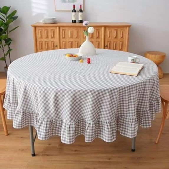 100% Cotton Grey White Plaid Gingham Ruffled Table Cloth Round Cover, Dia.70 in Farmhouse Checker Gingham Vintage Decorative Tablecloth (Grey/White Plaid, Dia.70 inches)