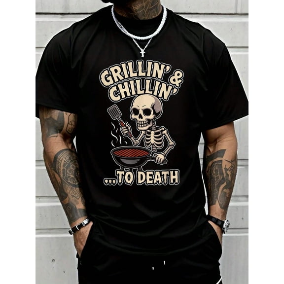 100% Cotton Grillin' And Chillin' To Funny BBQ Halloween T-Shirt Street Hip-Hop Style Men's T-Shirt