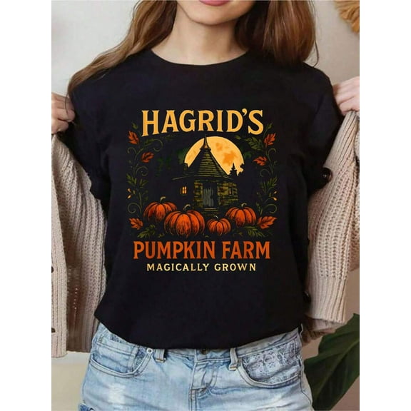 100% Cotton Hagrids Pumpkin Farm Spooky Season Halloween Fun T-Shirt Summer Tops For Women