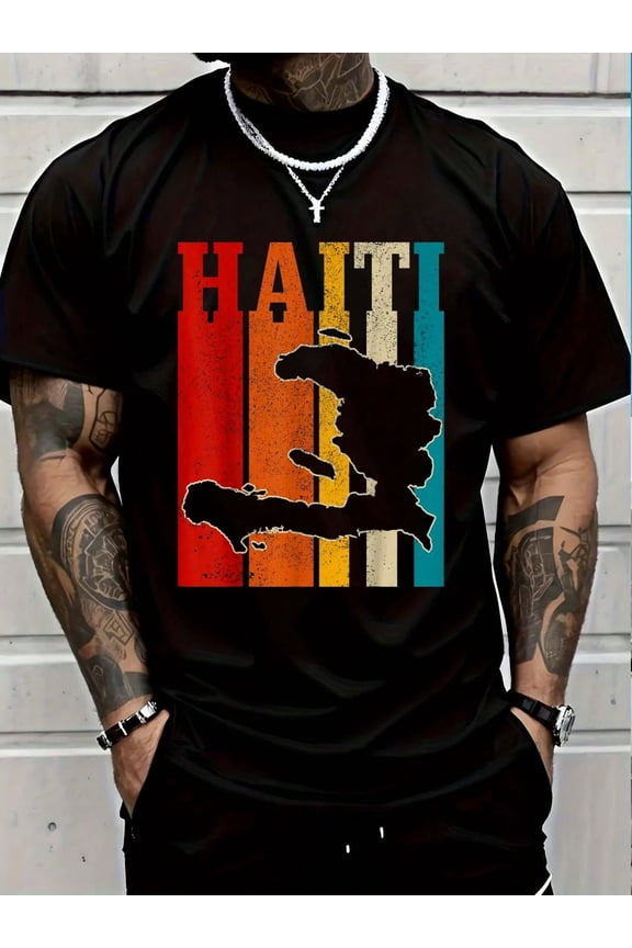 100% Cotton Haiti Vintage Haitian Pride Island Map Vintage Haiti T-Shirt Round Neck Short Sleeve T-Shirt Women's Men's Graphic Tee Women's Men Graphic Tee
