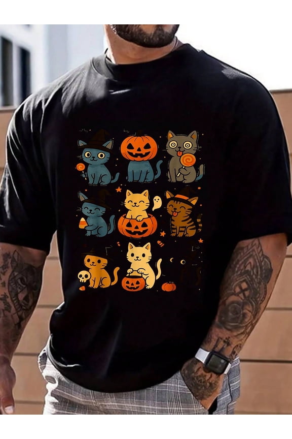 100% Cotton Halloween Cats With Jack-O'-Lanterns T-Shirt Men's Summer Fashion Short-Sleeved Shirts