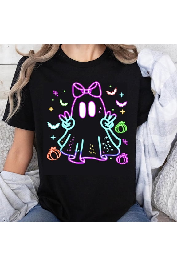 100% Cotton Halloween Ghost Girl Neon Glow T-Shirt Cute Spooky Design with Pumpkins Bats and Stars for Women Girls Fun Costume Party Wear
