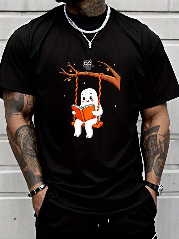 100% Cotton Halloween Ghost Swing Reading Vintage Costume T-Shirt Summer Men's Short-Sleeved Shirt