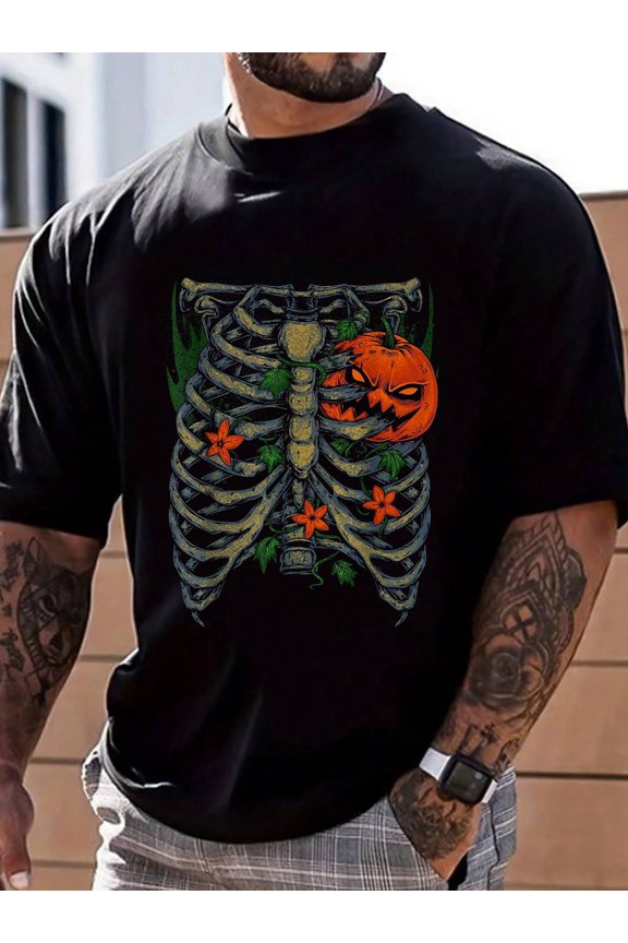 100% Cotton Halloween Rib Cage Pumpkin Jack O Costume T-Shirt T-Shirt Men's Summer Fashion Short-Sleeved Shirts