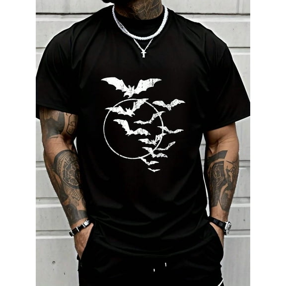 100% Cotton Halloween Swarm Of Bats Full Moon Spooky Vintage Art Graphic T-Shirt Summer Men For Top