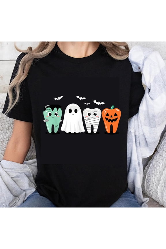 100% Cotton Halloween Teeth Ghost Mummy Pumpkin Cartoon T-Shirt Funny Dentist Costume Party Shirt for Women Men Kids