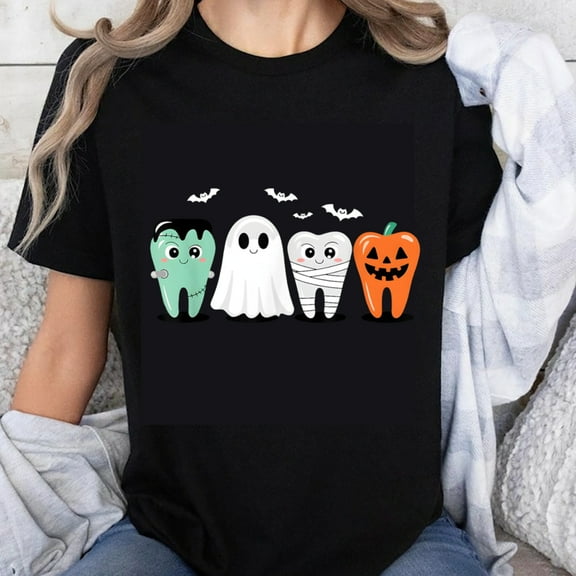 100% Cotton Halloween Teeth Ghost Mummy Pumpkin Cartoon T-Shirt Funny Dentist Costume Party Shirt for Women Men Kids