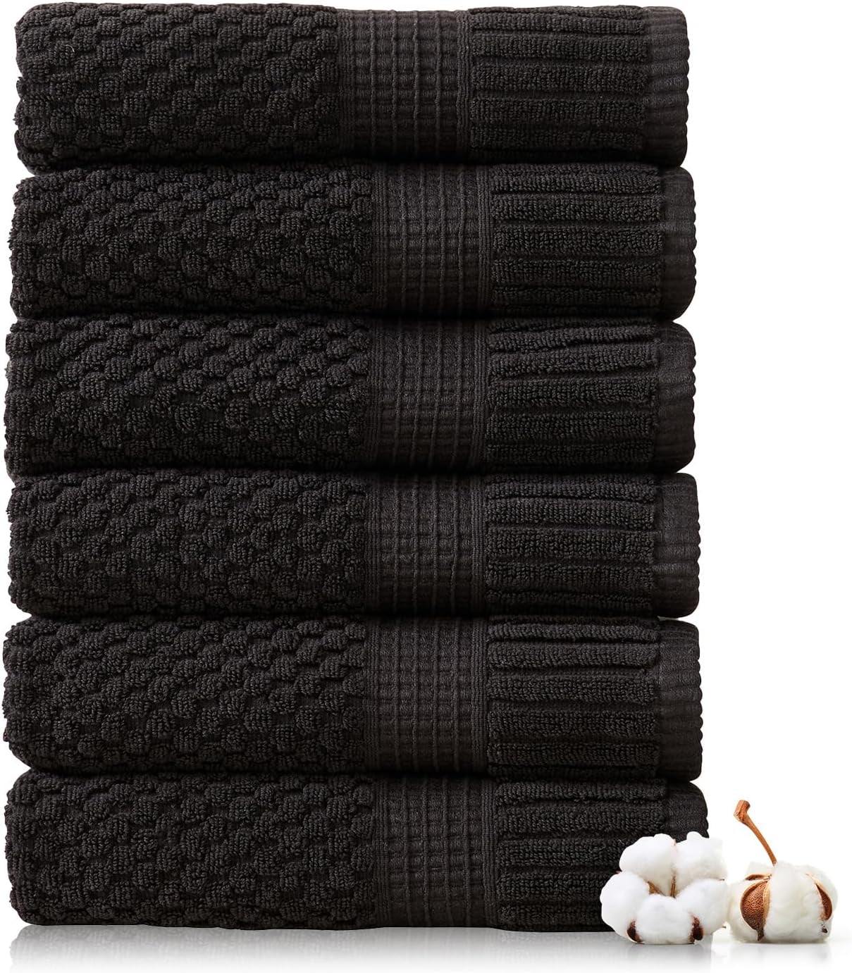 100% Cotton Hand Towel 6 Pack Hand Towel Set | Super Soft & Absorbent Quick-Dry Hand Towels 16" x 28" |Textured and Durable Cotton | Trinity Collection (6 Pack Hand Towel, Black)