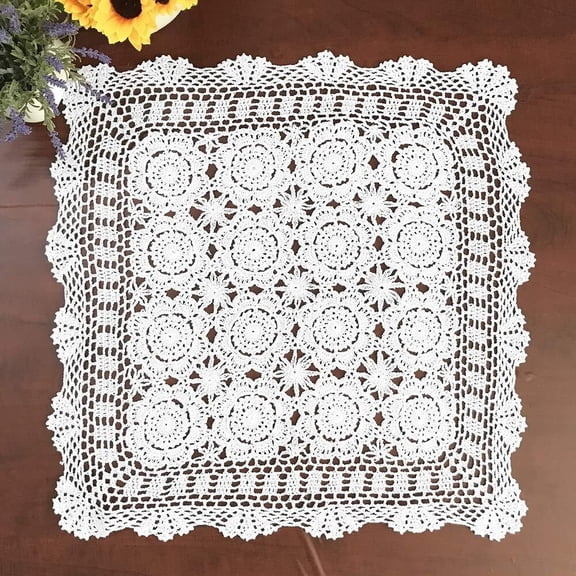 100% Cotton Handmade Crochet Square Tablecloth Doilies Lace Table Covers,White, 19 Inch