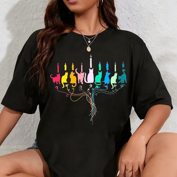 100% Cotton Hanukkah Shirt Women Cat Menorah Candles T-Shirt Jewish Menorah Chanukah Short Sleeves Tee Tops