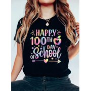 Cotton Happy 100th Day Of School Tie Dye Rainbow 100 Days Gifts Tee T-Shirt Women's Graphic Tee Casual Tops