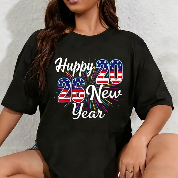 100% Cotton Happy 2026 New Year Patriotic Fireworks Design Party eve T-Shirt