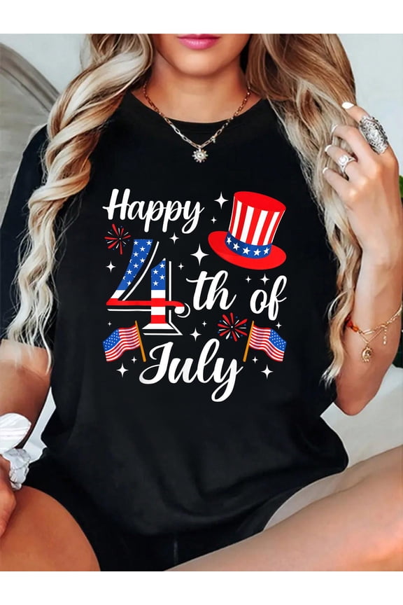 Happy 4th of July Hat Flag Fireworks Patriotic Men Women Boy T-Shirt Women's Graphic Tee Casual Tops