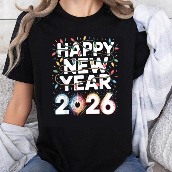 100% Cotton Happy New Year 2026 Christmas Lights Celebration T-Shirt For Women Men Unisex Holiday Party Shirt Festive Gift Top