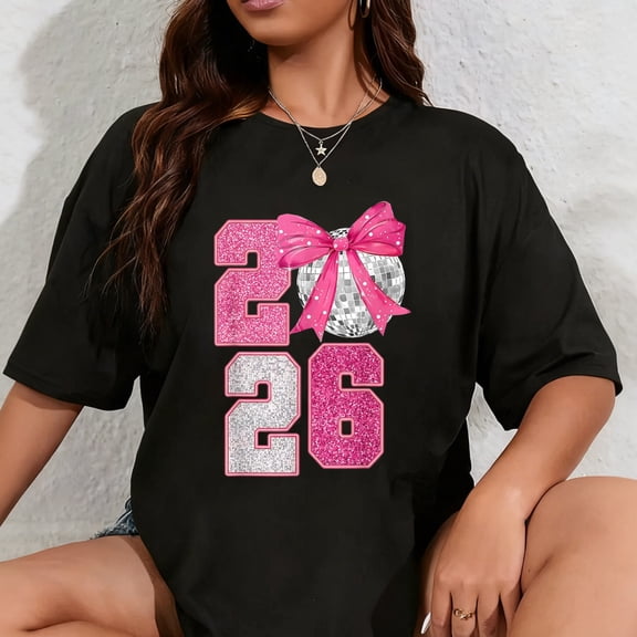 100% Cotton Happy New Year 2026 Disco Ball Pink Coquette Bow Family T-Shirt