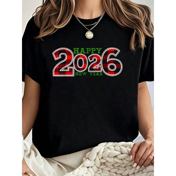 100% Cotton Happy New Year 2026 Plaid New Year Eve Men Women T-Shirt Summer Tees Women
