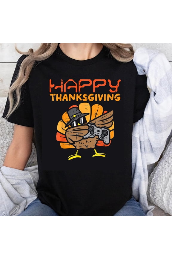 100% Cotton Happy Thanksgiving Turkey Gaming Shirt Funny Gamer Turkey T-Shirt for Men Women Kids Holiday Gift Turkey Day Apparel