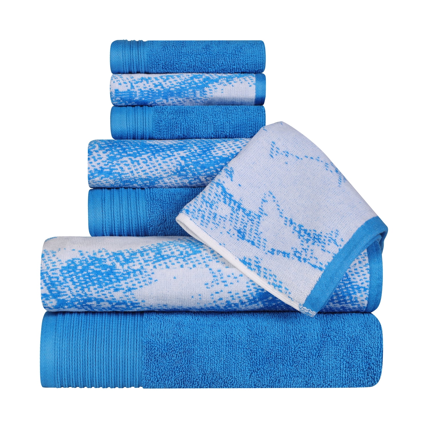 Superior 8 Piece Blue Towel Set Highly Absorbent Cotton with Solid and Marble Effect in Bahrain at BHD 35 Rating 5