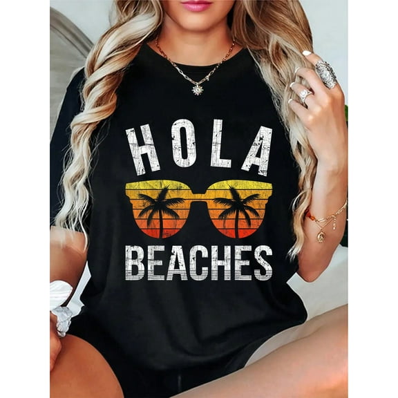 100% Cotton Hola Beaches Funny Beach Vacation Shirt Summer T-Shirt