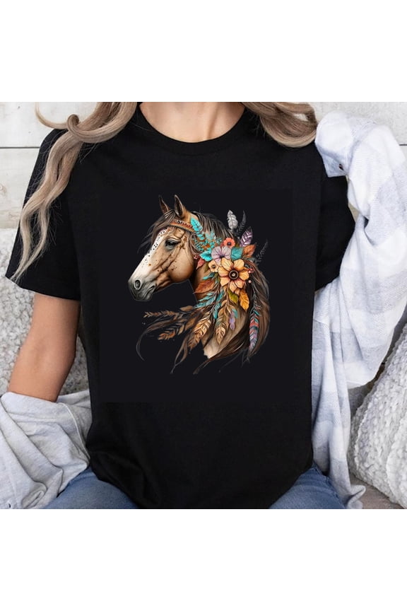 100% Cotton Horse With Floral And Feather Design Boho Animal Art Women's Graphic T-Shirt