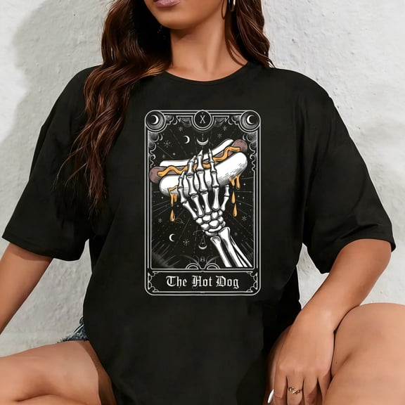 100% Cotton Hot Dog Tarot Card Skeleton Funny BBQ 4th July T-Shirt for Men Women