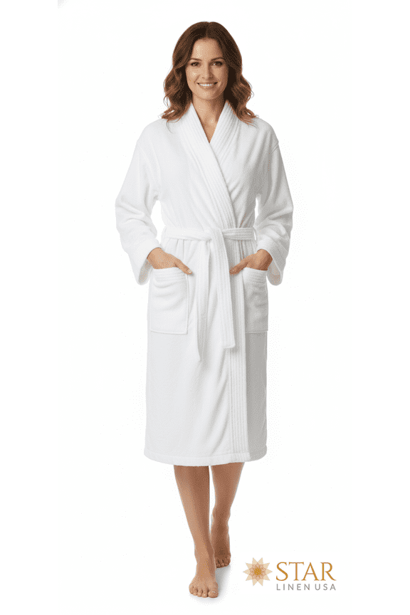 100% Cotton Hotel Bathrobe White Plush Velour Kimono 48 x 63 Unisex