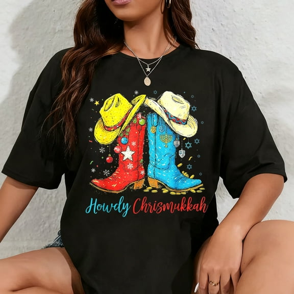 100% Cotton Howdy Chrismukkah Happy Hanukkah Christmas Western Cowboy T-Shirt