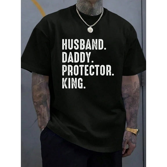 100% Cotton Husband Daddy Protector King Fathers Day T-Shirt, Printed Graphic Tee For Men, Summer Casual Short Sleeved Men's Tops T-Shirt