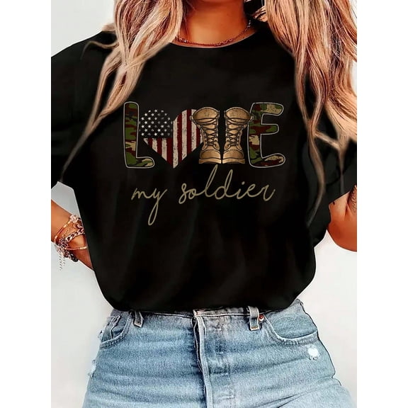 100% Cotton I Love My Soldier Military Army Wife USA Camour Flag T Shirt Summer T-Shirt For Women