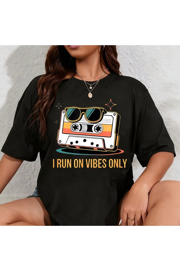 100% Cotton I Run On Vibes Only Retro Cassette Aesthetic T-Shirt