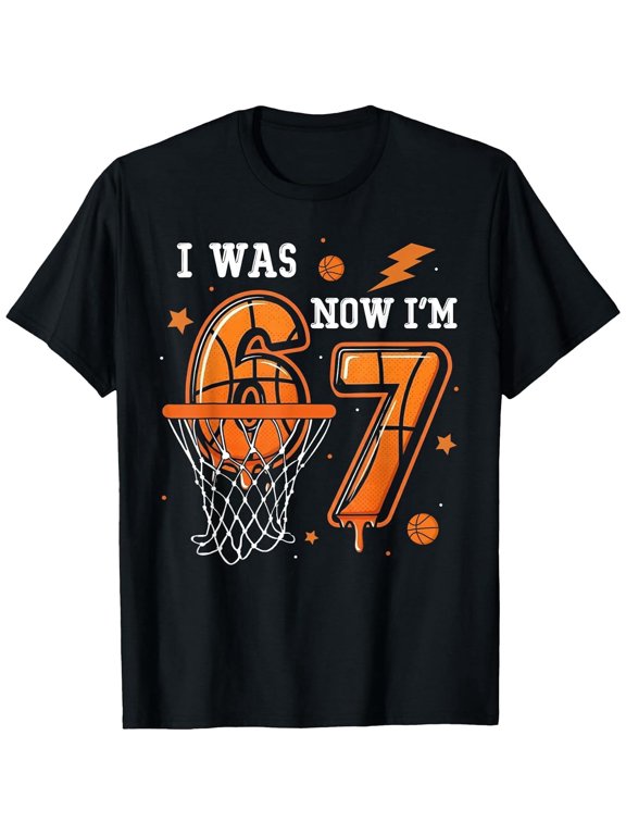 100% Cotton I was 6 Now I'm 7 Birthday Boy Basketball Funny 6 7 Meme Boy T-Shirt, T-Shirt , 180gsm, 100% Cotton Golf Gift T-Shirt For Men and Women