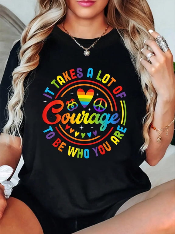 100% Cotton It Takes A Lot Of Courage Rainbow Heart Gay Pride LGBT Month T-Shirt Women's Men's Graphic Tee Casual Tops