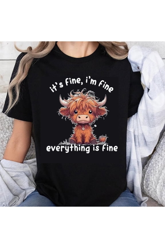 100% Cotton It's Fine I'm Fine Everything is Fine Cute Highland Cow Graphic T-Shirt for Women Men Unisex Funny Animal Shirt