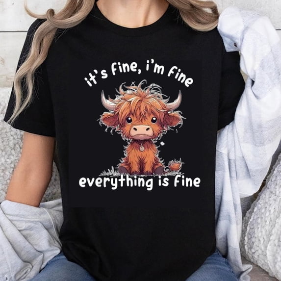 100% Cotton It's Fine I'm Fine Everything is Fine Cute Highland Cow Graphic T-Shirt for Women Men Unisex Funny Animal Shirt