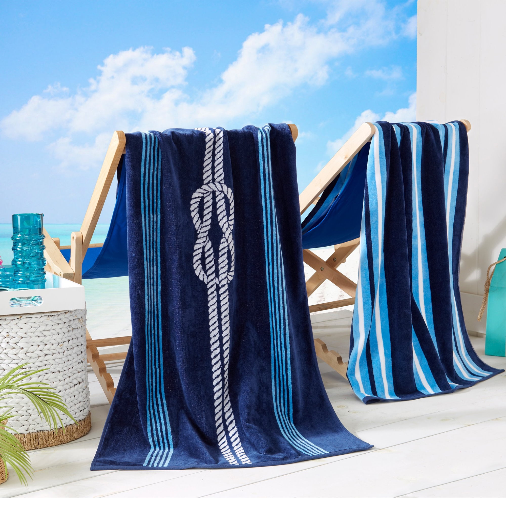 Navy and Royal Blue Knot & Stripe Cotton Beach Towels, 2 Pack - 30" x 60"