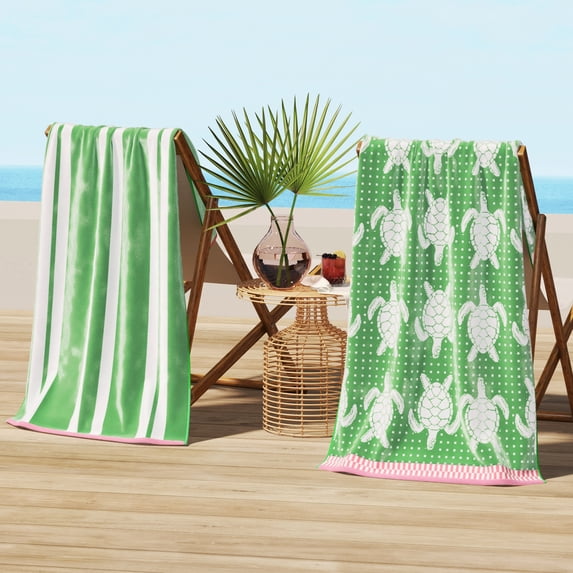 100% Cotton Jacquard 2 Pack 30" x 60" Printed Beach & Pool Towels (Green/White Turtles & Stripes, 2 Pack- 30" x 60").