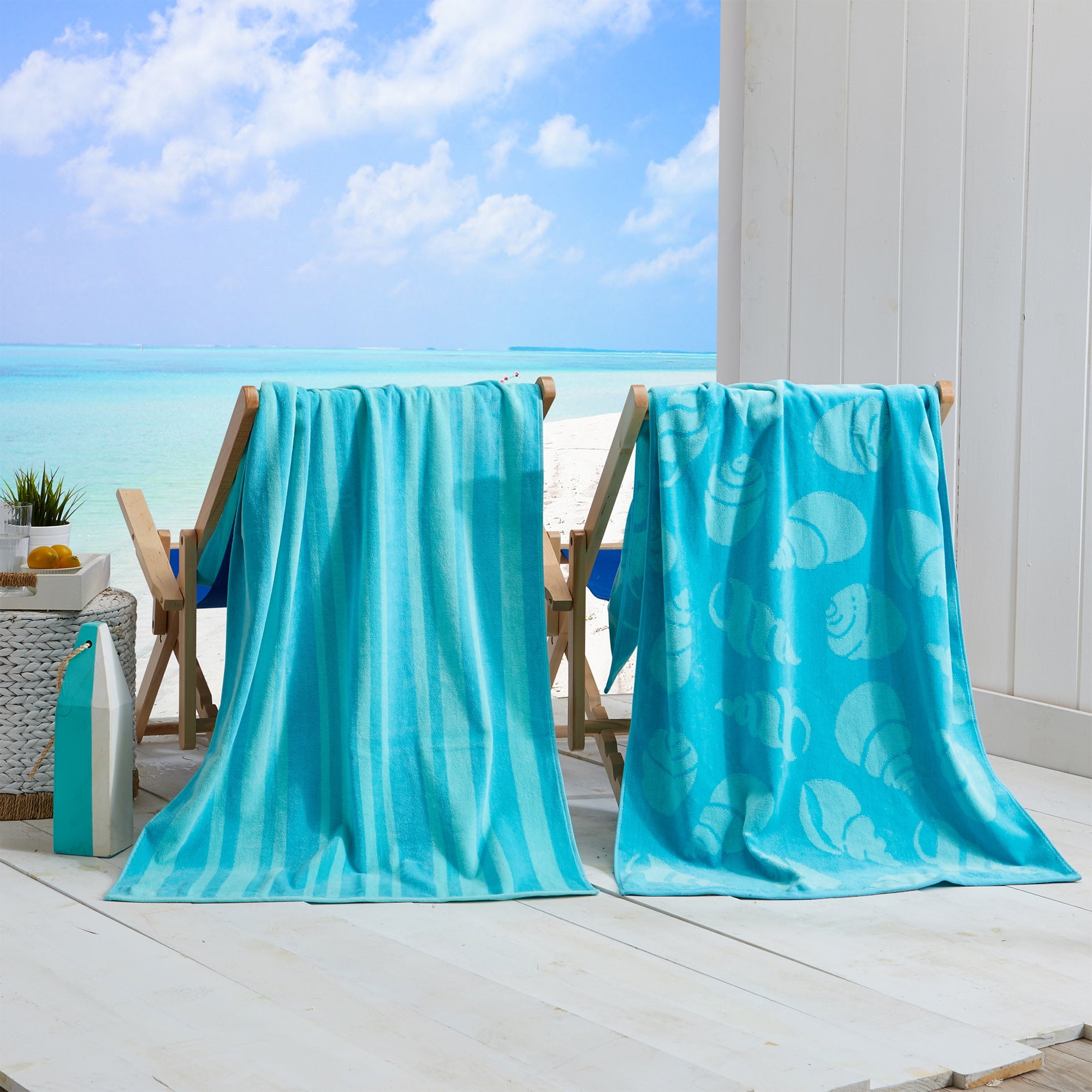 Aqua Shell & Stripe Quick Dry Cotton Beach Towels - 2 Pack