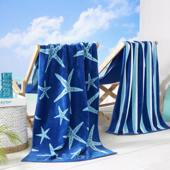 100% Cotton Jacquard 2 Pack 30" x 60" Printed Beach & Pool Towels (Navy/Royal Blue Starfish & Stripes, 2 Pack- 30" x 60")