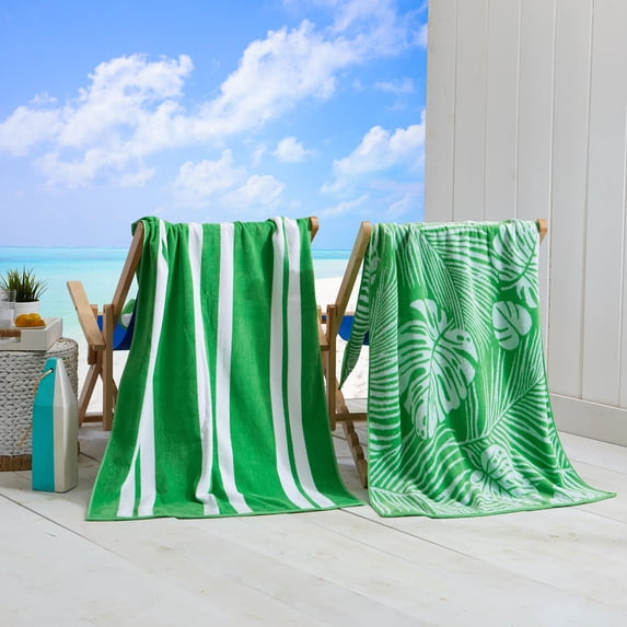 100% Cotton Jacquard 2 Pack 30" x 60" Printed Beach & Pool Towels (Green/White Palm Leaf & Stripes, 2 Pack- 30" x 60")