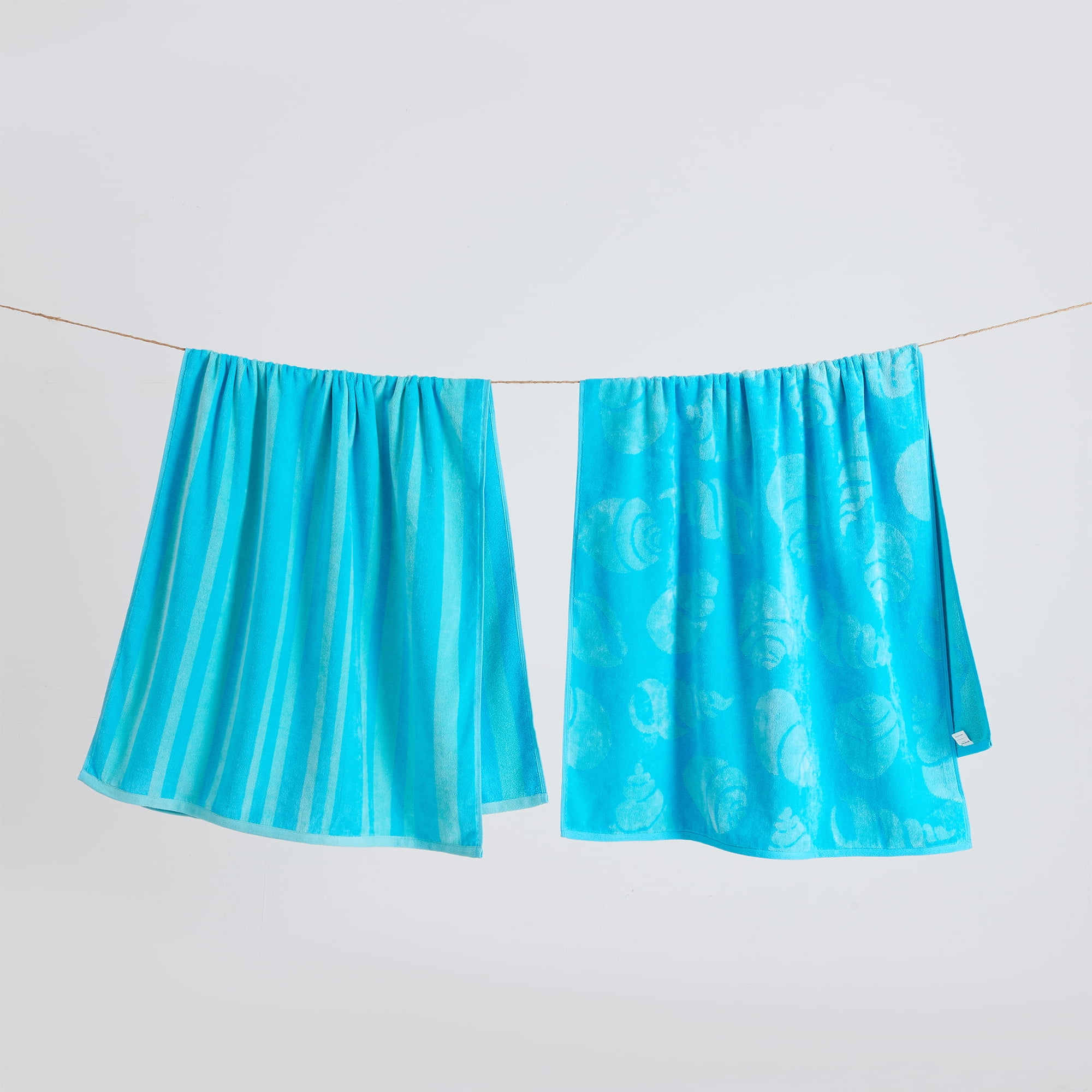 Aqua Shell & Stripe Quick Dry Cotton Beach Towels - 2 Pack