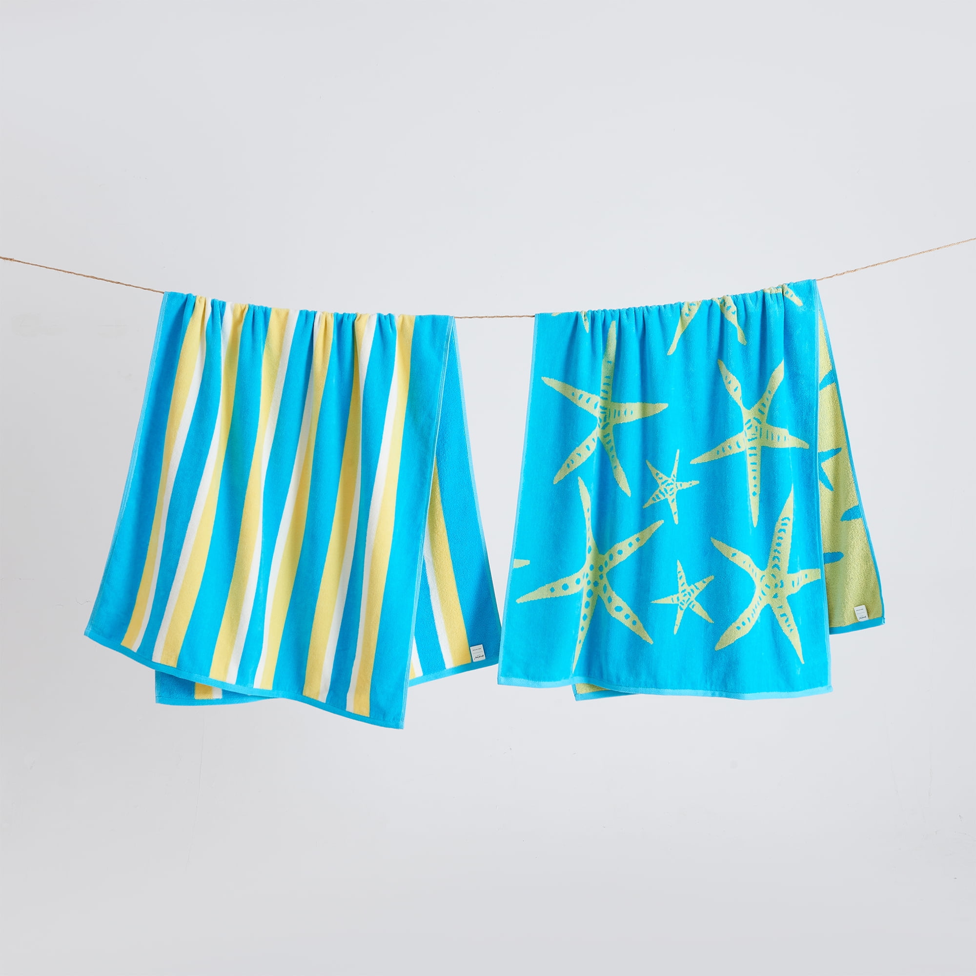 100% Cotton Jacquard 2 Pack 30" x 60" Printed Beach & Pool Towels (Blue/Yellow Starfish & Stripes, 2 Pack- 30" x 60")