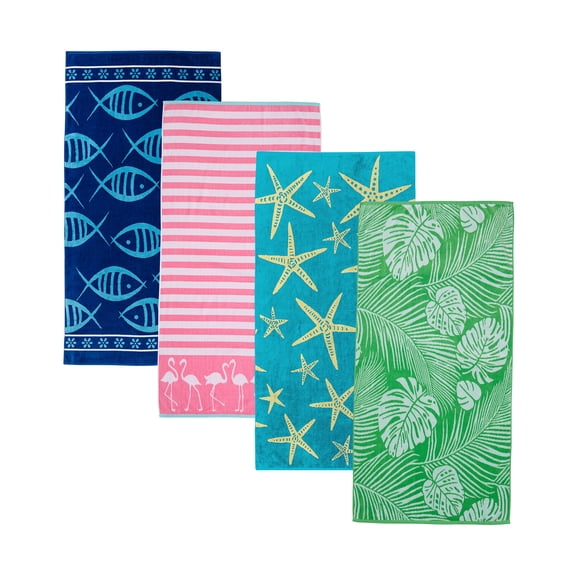 100% Cotton Jacquard 4 Pack 30" x 60" Printed Beach & Pool Towels (Assorted, 4 Pack- 30" x 60")