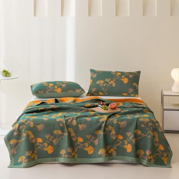 100 Cotton Jacquard Quilt Floral Ginkgo Leaves PrintSoft Muslin Bed Cover 3 Layers Reversible Bedspread Coverlet Breathable Lightweight Bedding King 98x94 No Pillow Sham